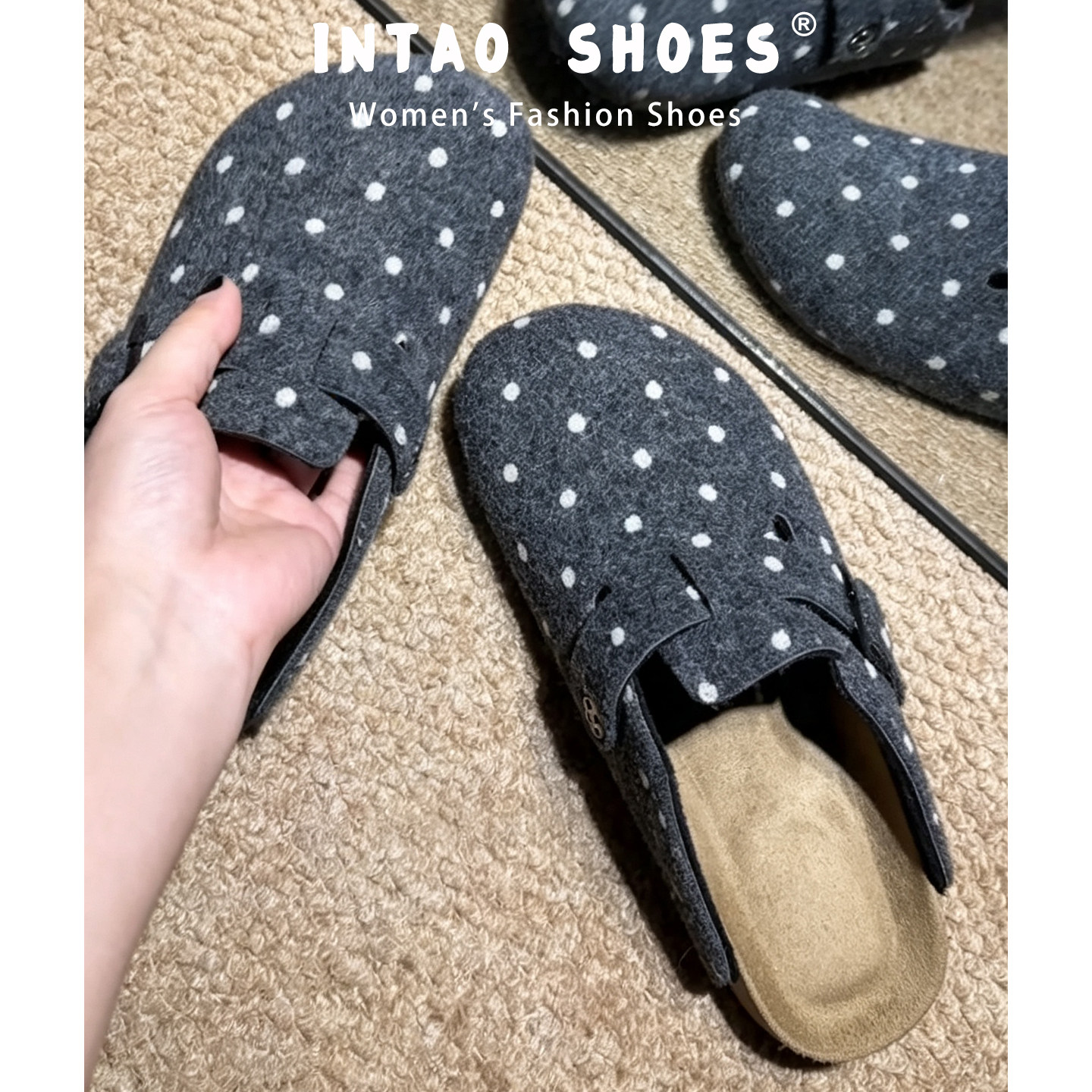 一脚蹬灰色毛毡波点厚底勃肯鞋女