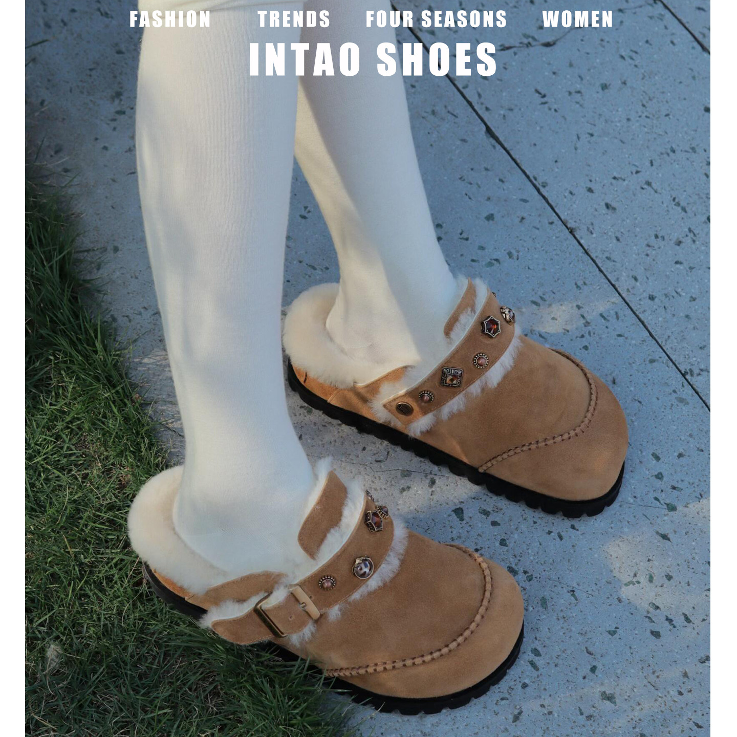 真牛皮厚底编织勃肯鞋女冬加绒2025新款包头水钻巨好看半拖毛毛鞋,女鞋,毛毛鞋,淘宝优惠券,粉丝福利购,淘宝优惠卷