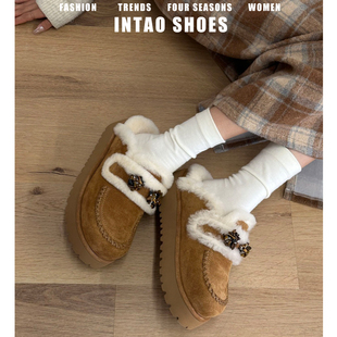 增高毛毛鞋 包头棉鞋 半拖女冬2025新款 棕色真皮编织加绒厚底勃肯鞋