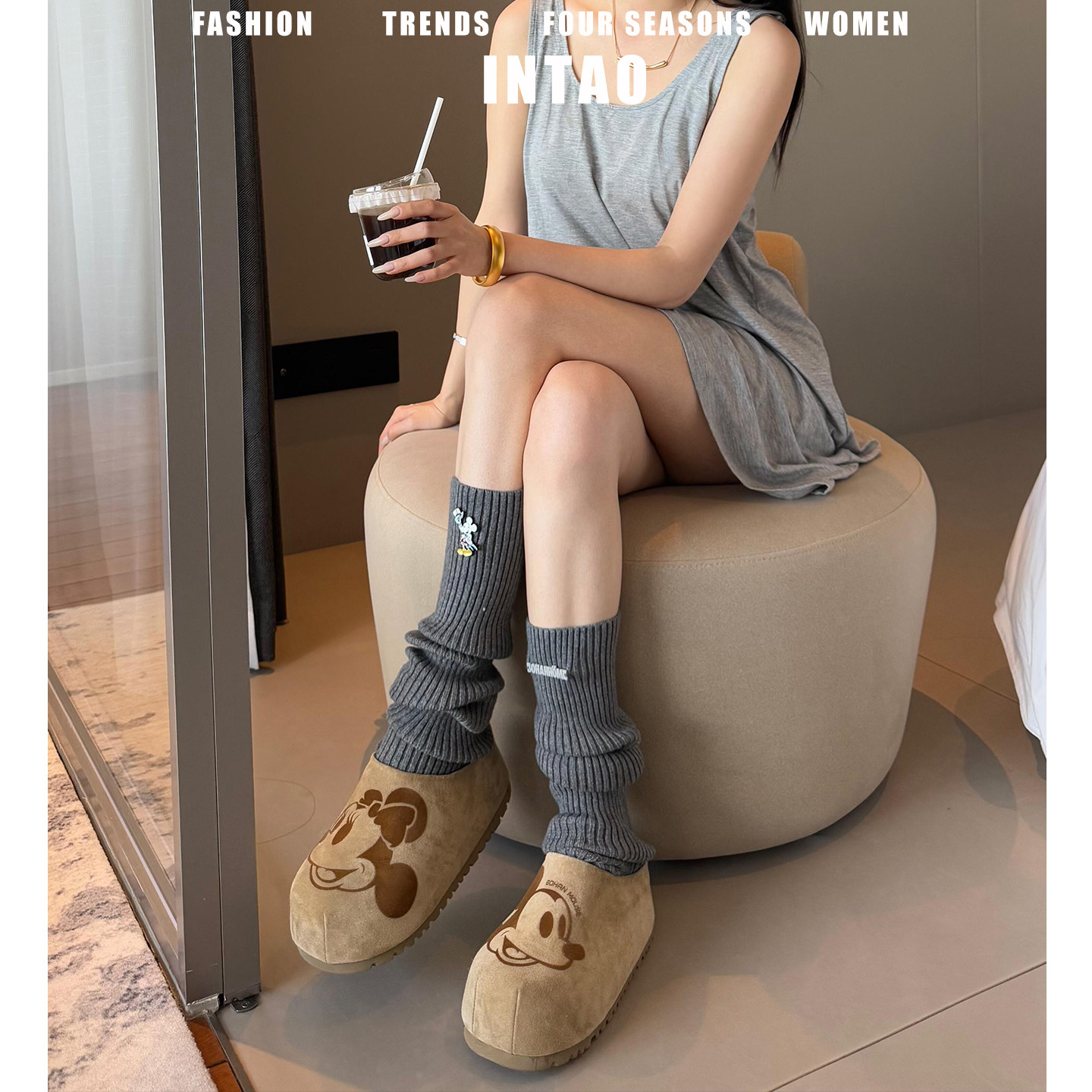 牛皮版~米奇卡通厚底勃肯鞋女