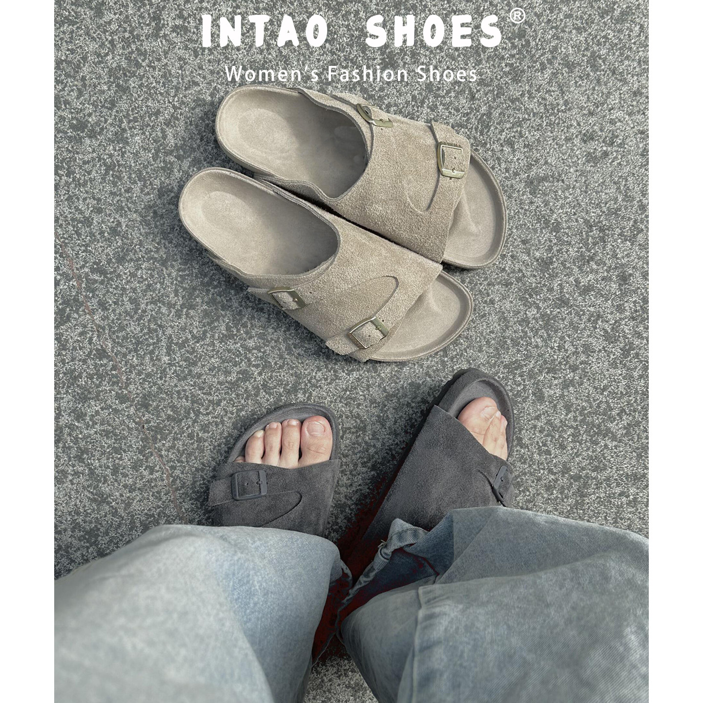 高级感一字型露趾勃肯拖鞋男女同款2026夏季新款一脚蹬沙滩休闲鞋