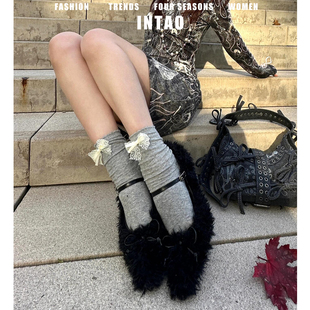 黑色法式 玛丽珍毛毛鞋 女秋冬加绒2025新款 一字扣带坡跟悬浮高跟鞋