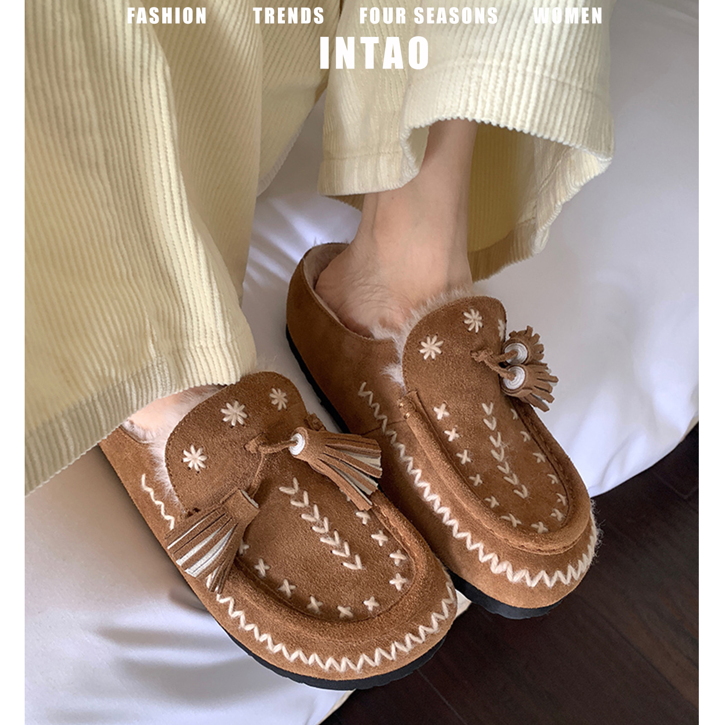 绝美棕色流苏刺绣厚底勃肯鞋女