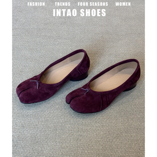 羊皮版~小众复古红色浅口分趾单鞋外穿新款一脚蹬猪蹄粗跟高跟鞋