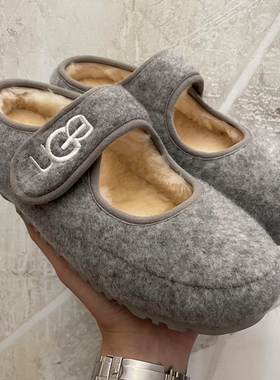 灰色玛丽珍毛毛鞋女加绒2025冬季新款一脚蹬棉鞋法式厚底豆豆单鞋