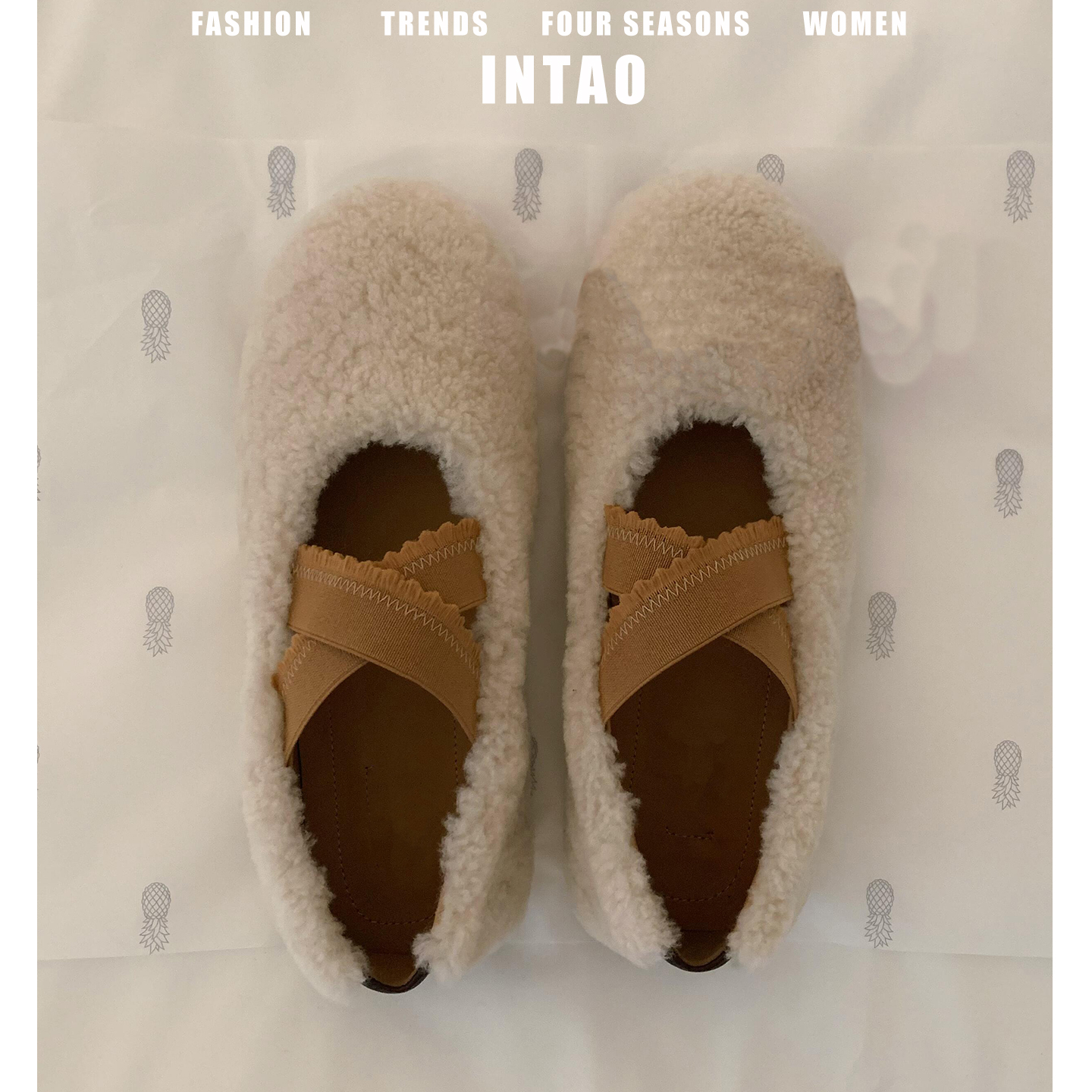交叉带白色羊羔毛毛鞋女冬外穿