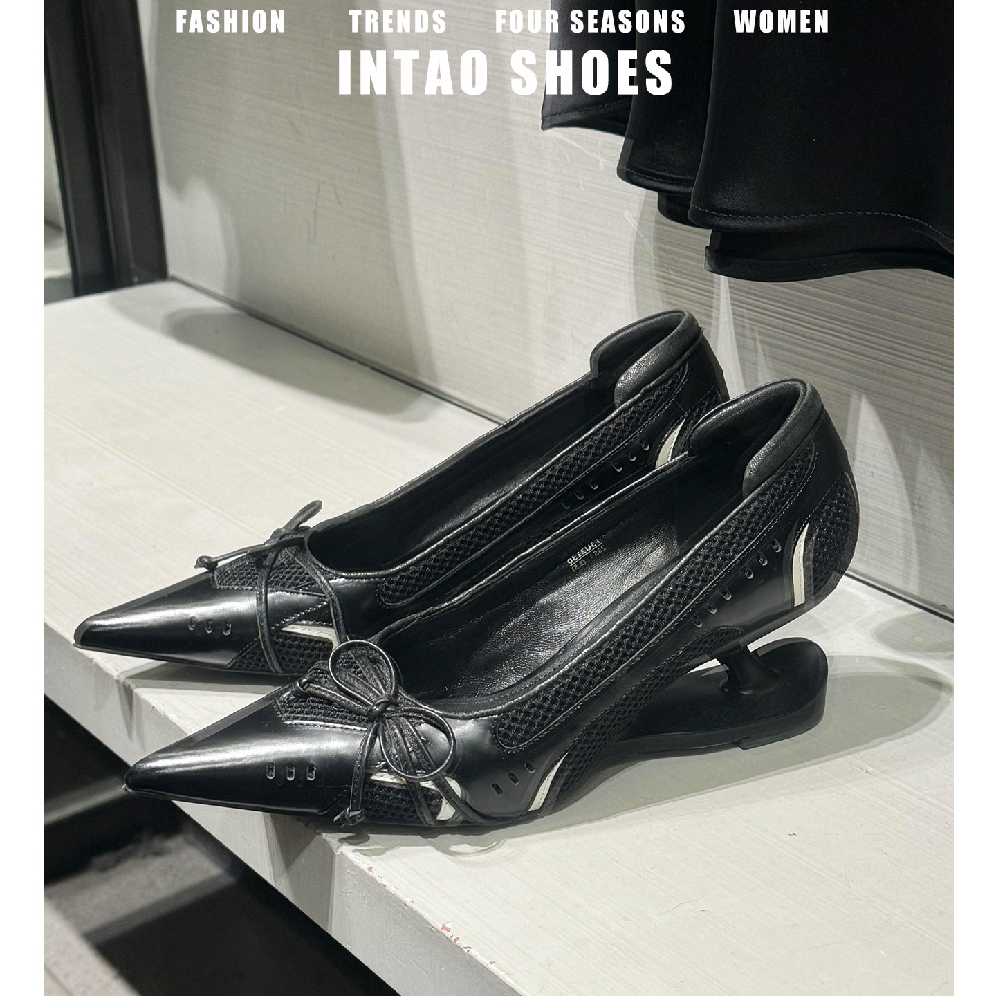 黑色尖头单鞋女配裙子2026春季新款蝴蝶结尖头小个子异型跟高跟鞋