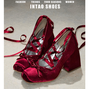 绝美lolita单鞋 蝴蝶结高跟鞋 女粗跟2026新款 红色交叉绑带玛丽珍鞋