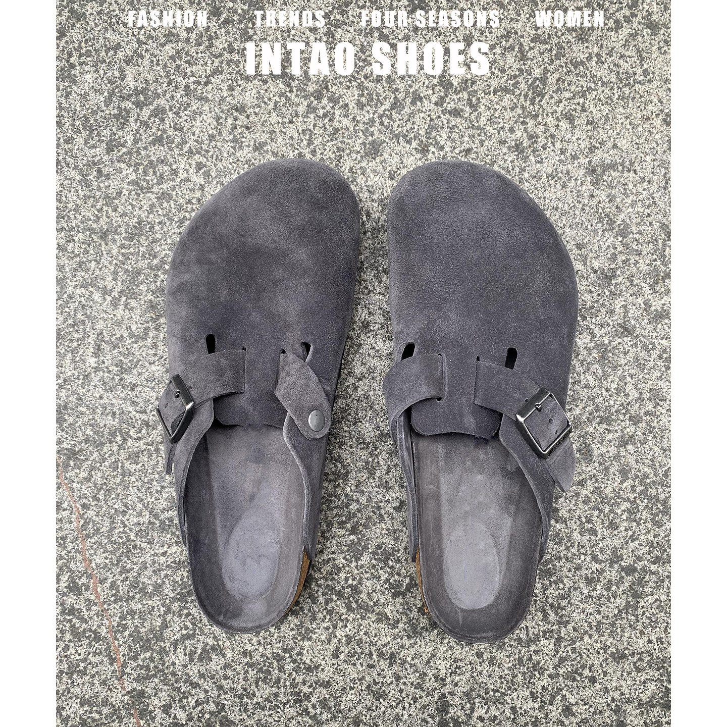 灰色牛皮软木厚底勃肯鞋半拖女春季新款一脚蹬包头休闲日系博肯鞋