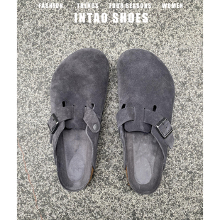 灰色牛皮软木厚底勃肯鞋半拖女春季新款一脚蹬包头休闲日系博肯鞋