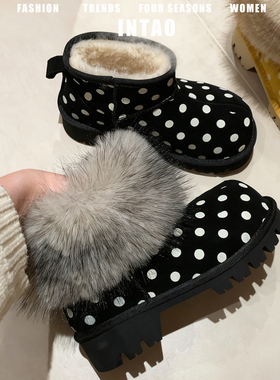 黑色波点巨好看雪地靴女冬加绒加厚2025新款防滑厚底小个子短筒靴