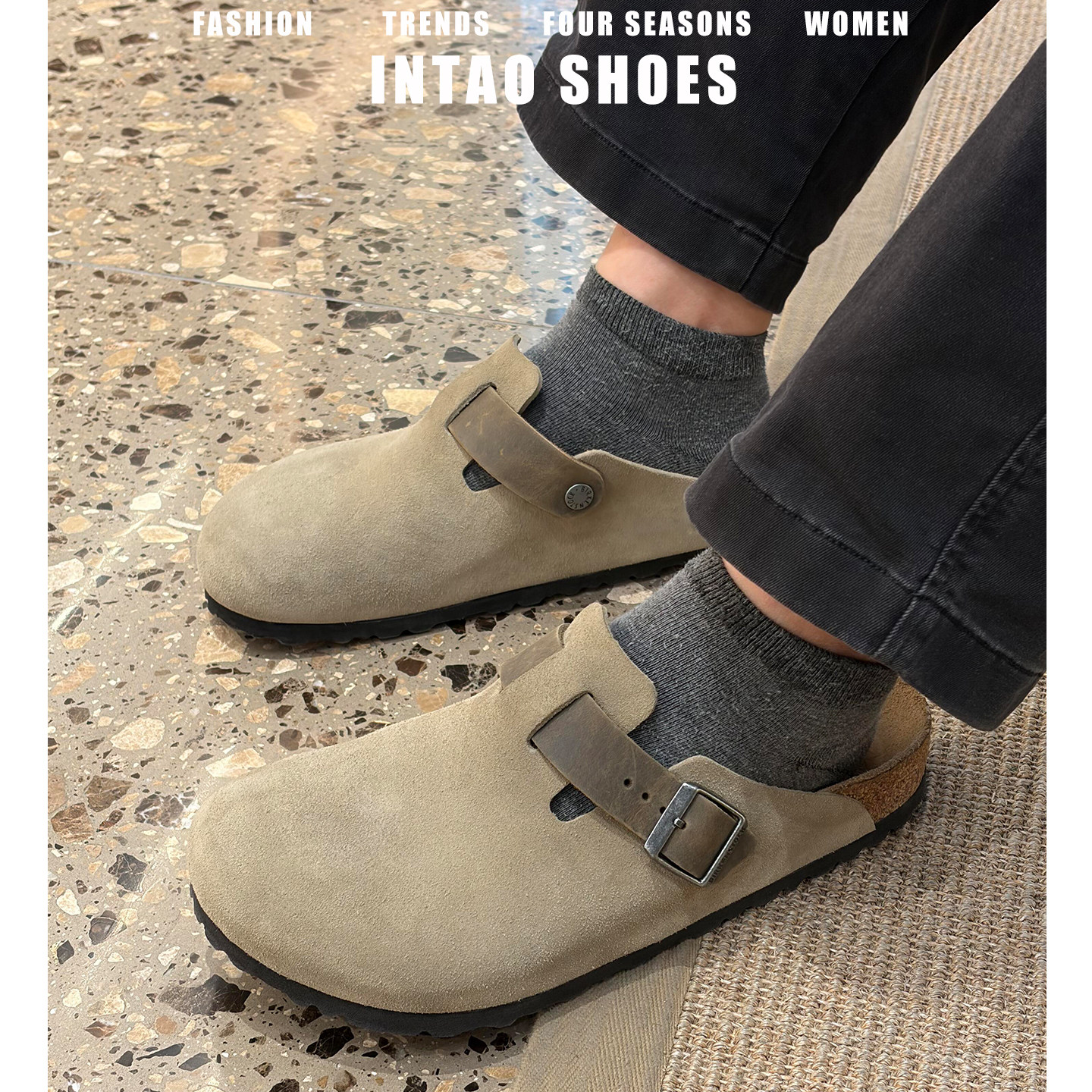 2026新款厚底勃肯鞋半拖女春季一脚蹬包头博肯鞋复古增高真皮单鞋