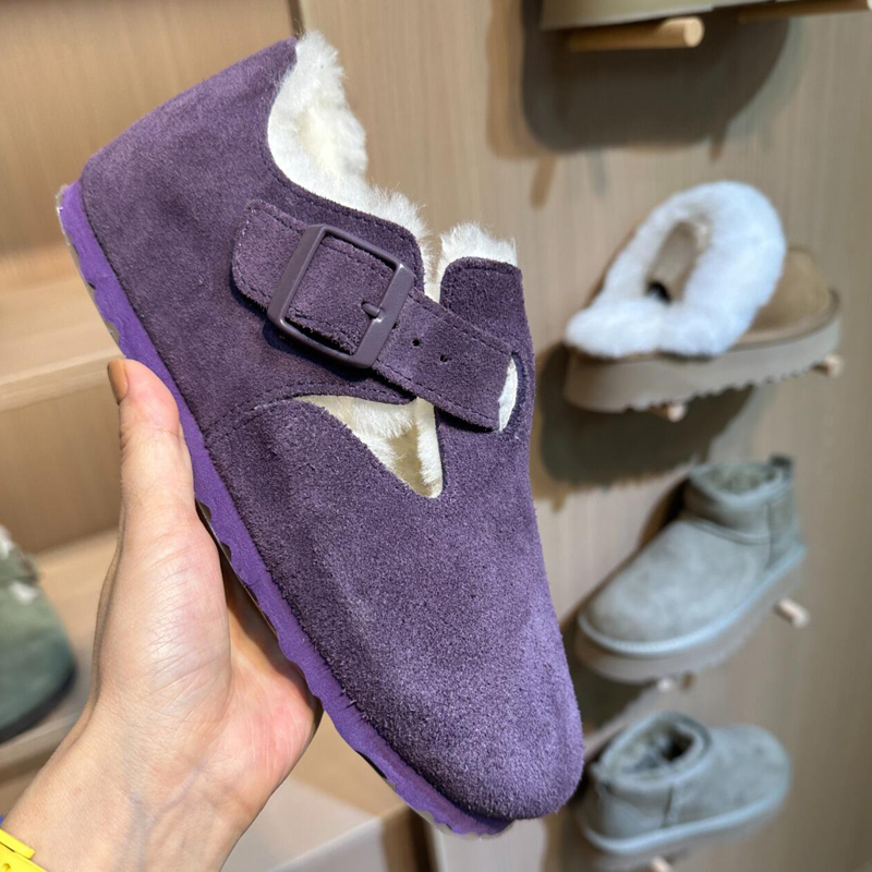 真皮紫色加绒勃肯鞋女2025冬季