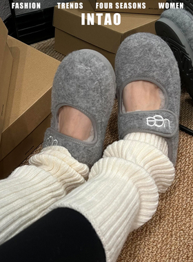 羊皮版~灰色玛丽珍鞋毛毛鞋女外穿2025秋冬新款保暖棉鞋加绒单鞋