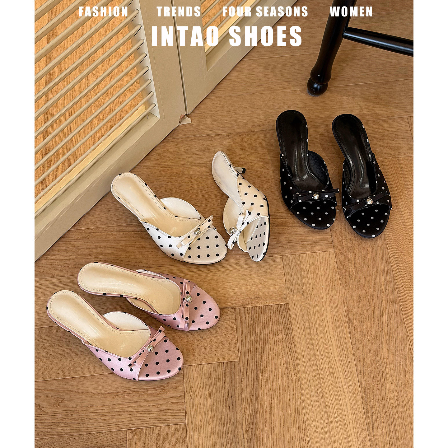 小香风蝴蝶结露趾波点拖鞋女夏季外穿2026新款绝美法式高跟小凉拖