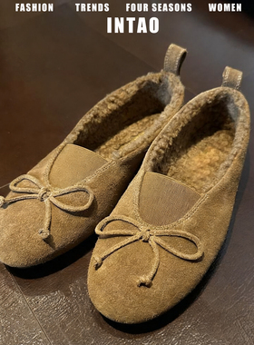 复古一脚蹬加绒豆豆鞋女冬外穿2025新款法式平底毛毛棉鞋芭蕾单鞋
