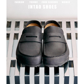 黑色牛皮厚底日系勃肯鞋 半拖男女同款 2026春季 大码 复古包头穆勒鞋