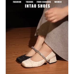 法式绝美5CM白色高跟鞋女粗跟2026春季新款水钻一字带玛丽珍单鞋