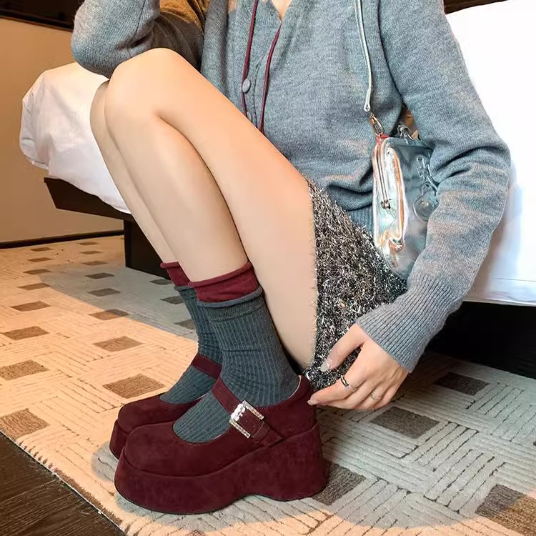 红色丝绒厚底玛丽珍鞋20025春季