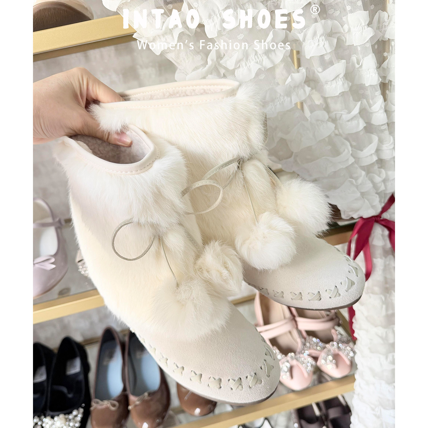 绝美白色蝴蝶结毛球加绒雪地靴女