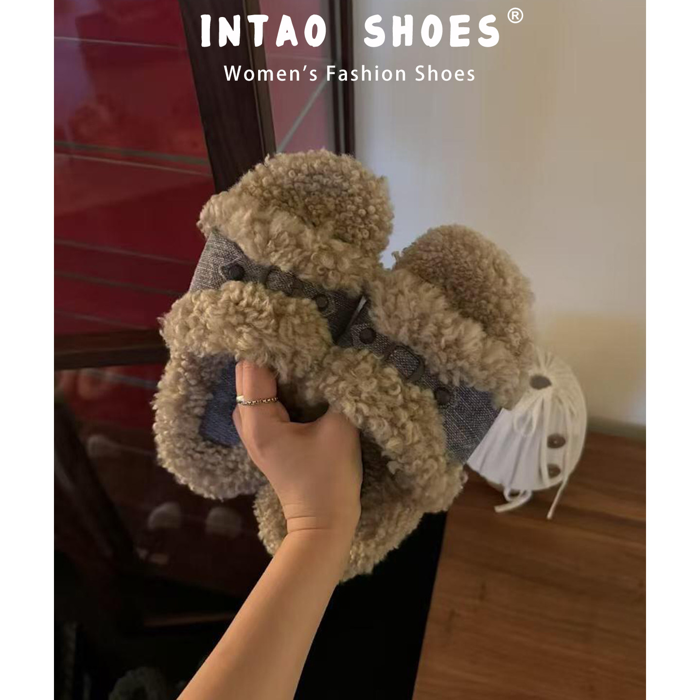 小众牛仔拼接厚底毛毛拖鞋女