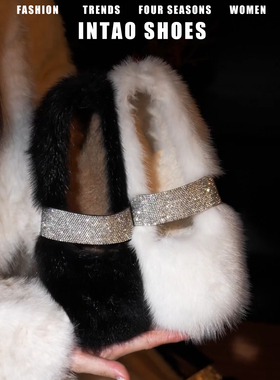 黑色绝美高跟鞋5cm冬季外穿巨好看仙女风毛毛鞋加绒法式单鞋粗跟