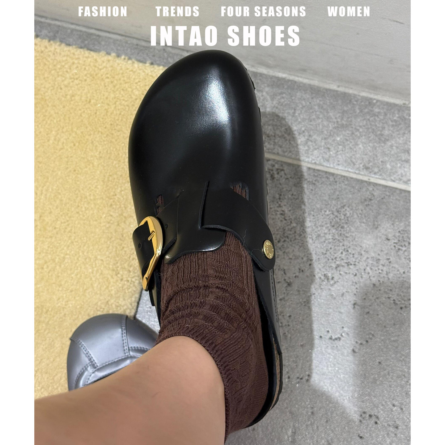 牛皮版~金属扣包头勃肯鞋半拖女2026早春新款一脚蹬厚底博肯单鞋