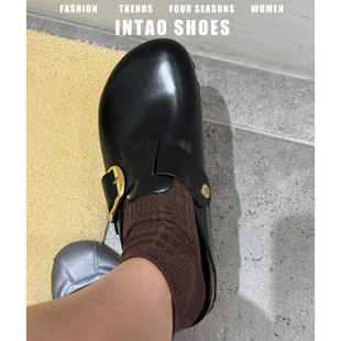 牛皮版~金属扣包头勃肯鞋半拖女2026早春新款一脚蹬厚底博肯单鞋