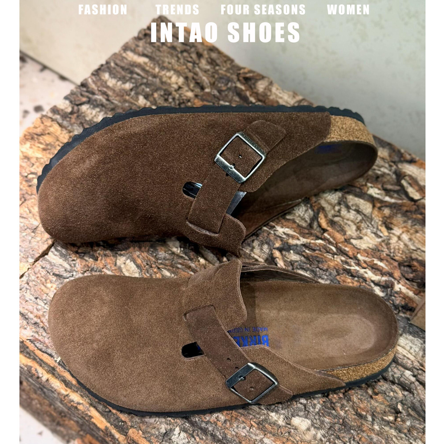 牛皮版~棕色厚底勃肯鞋半拖女配袜子2026年春季新款包头博肯单鞋