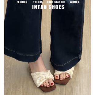 度假风一字编织高跟拖鞋女夏外穿时尚2026新款露趾法式绝美小凉拖