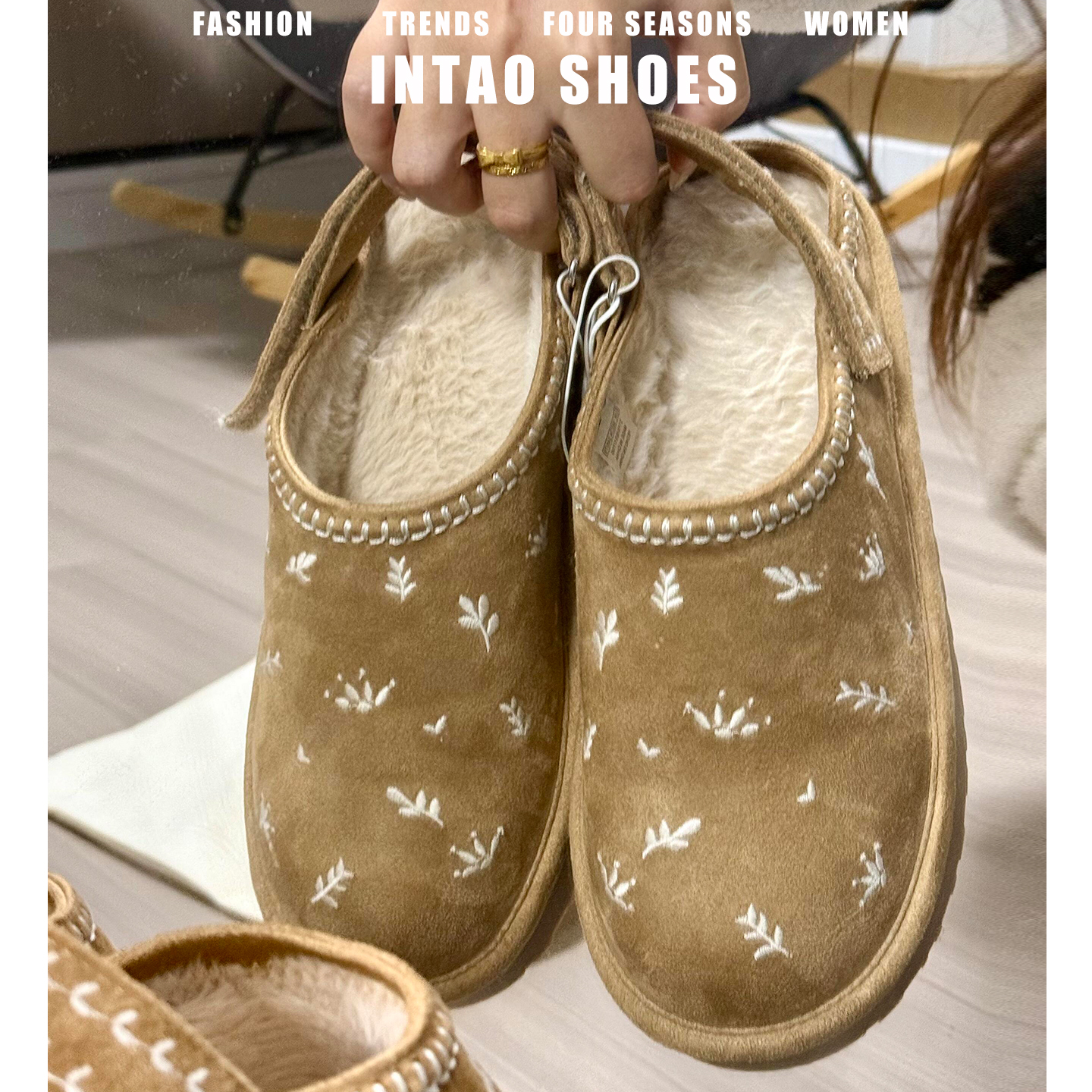 卡其色刺绣包头毛毛勃肯鞋女冬