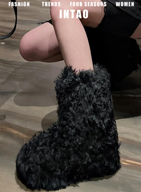 黑色羊羔加绒厚底中筒雪地靴女2025冬季新款保暖棉靴十字花毛毛鞋