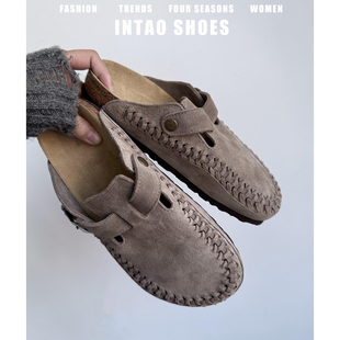 设计感小众复古软底博肯鞋 2026新款 半拖女夏季 包头编织厚底勃肯鞋