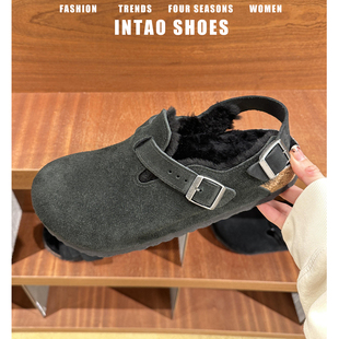 真皮版黑色加绒厚底毛毛勃肯鞋女冬加绒2025新款包头厚底两穿单鞋