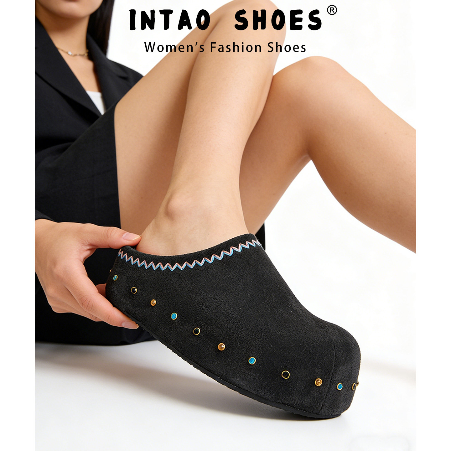 黑色松糕厚底包头半拖鞋女夏季外穿2026新款一脚蹬水钻厚底穆勒鞋