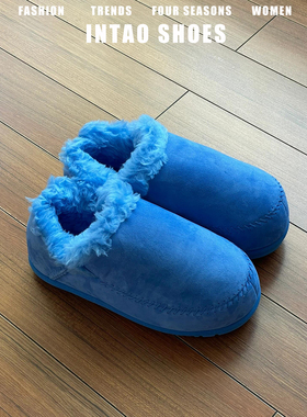 蓝色爆款加绒加厚毛毛鞋女冬外穿2025新款深口单鞋一脚蹬面包棉鞋