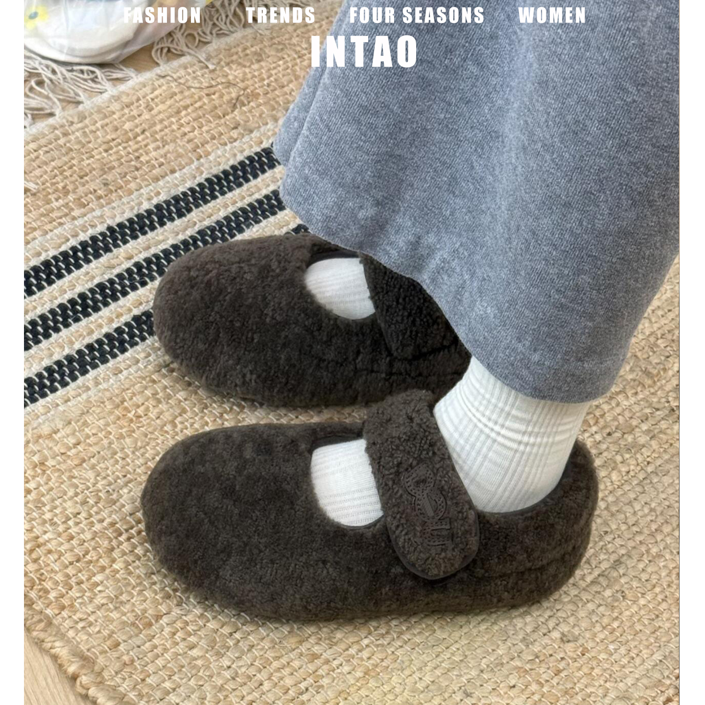 复古羊羔玛丽珍毛毛鞋女冬外穿