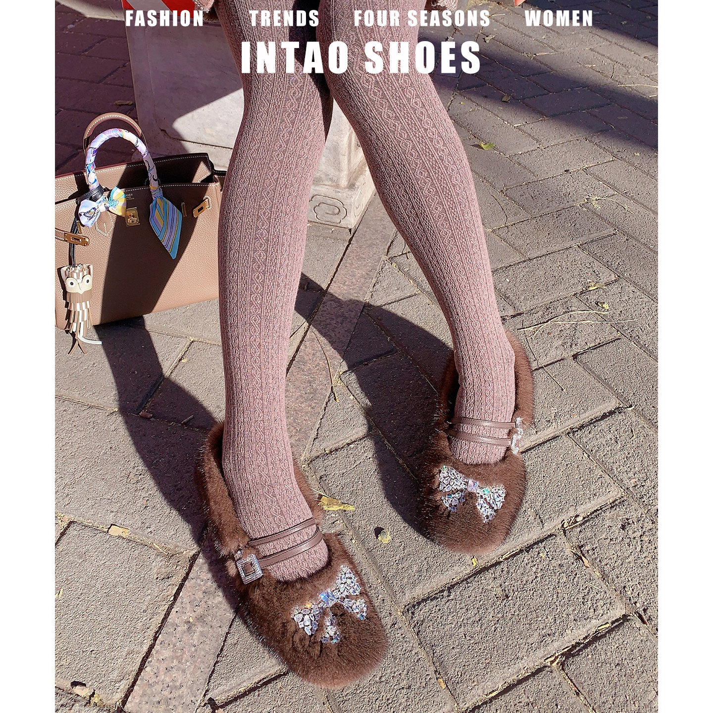 棕色水钻高跟毛毛鞋女冬外穿