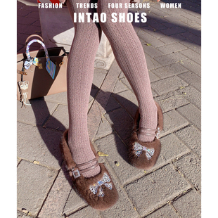 棕色水钻高跟毛毛鞋女冬外穿加绒2025新款法式方头玛丽珍单鞋粗跟