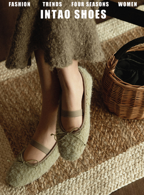 法式绿色玛丽珍毛毛鞋女冬加绒保暖平底棉鞋蝴蝶结温柔一字带单鞋