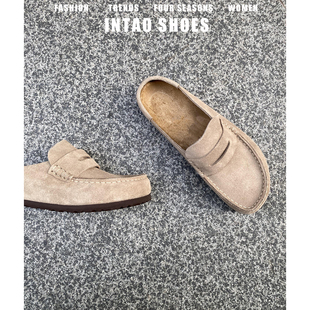 真皮勃肯鞋半拖男女同款一脚蹬厚底包头半拖鞋复古深口软木穆勒鞋