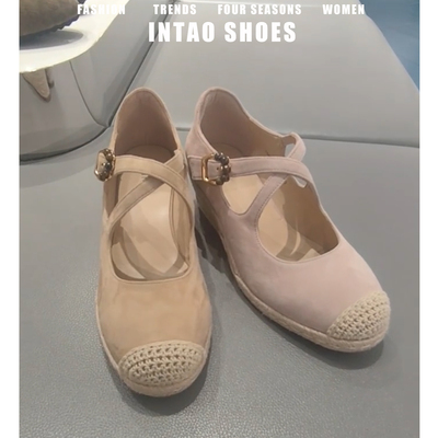 小香风复古草编厚底渔夫鞋女