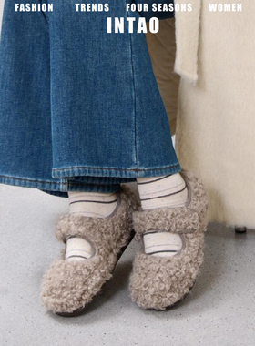 灰色巨好看的泰迪卷毛毛鞋女冬季加绒保暖面包鞋魔术贴玛丽珍单鞋