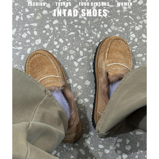 复古牛皮厚底加绒乐福鞋女冬外穿2025年保暖毛毛棉鞋豆豆深口单鞋