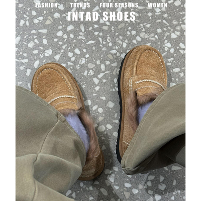 复古牛皮厚底加绒乐福鞋女冬外穿
