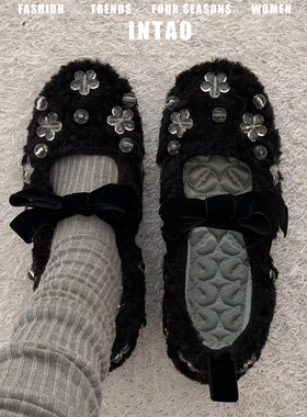 设计感小众花朵蝴蝶结黑色玛丽珍单鞋女秋冬2025一脚蹬超火毛毛鞋