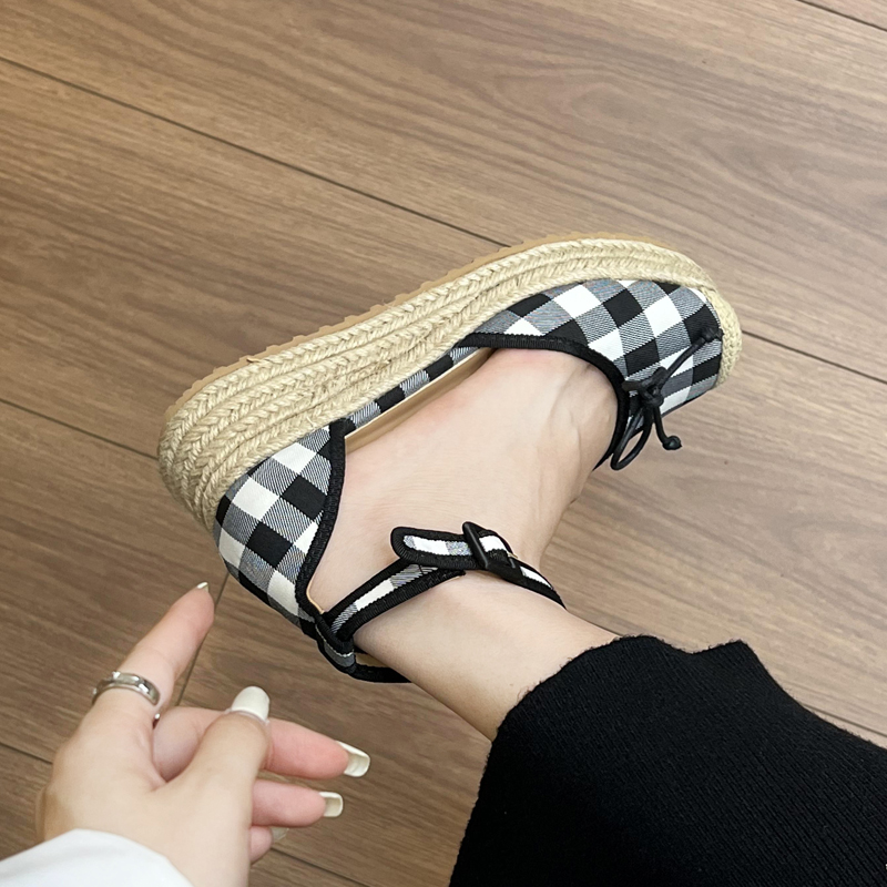黑白格子小香风包头凉鞋女夏外穿