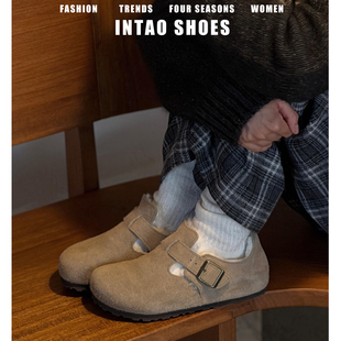 牛皮版！复古内增高勃肯鞋女冬加绒外穿2026新款一脚蹬厚底毛毛鞋