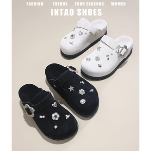 牛皮版~绝美水钻厚底增高勃肯鞋女2026春季新款一脚蹬包头半拖鞋