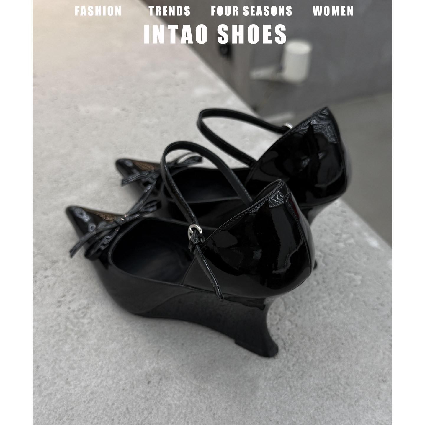 高级感黑色漆皮浅口坡跟单鞋女2026春季新款法式尖头玛丽珍高跟鞋